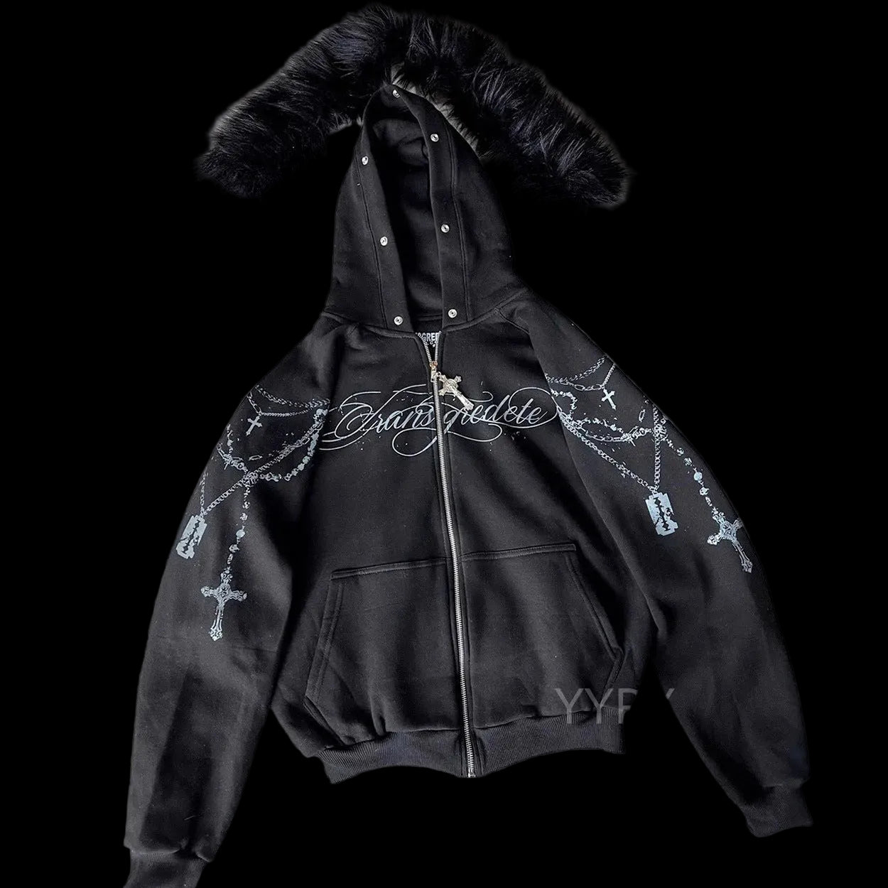 Silver Chain Fur Hoodie Black