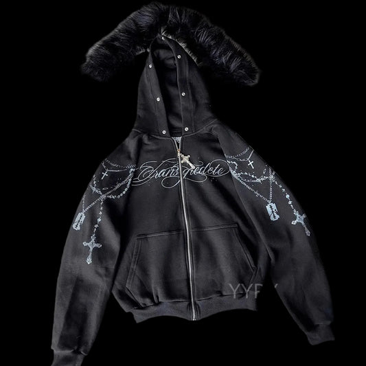 Silver Chain Fur Hoodie Black